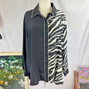 Bob Mackie Wearable Art 100% Silk Blouse 3X Animal Zebra Print Button Up Artsy